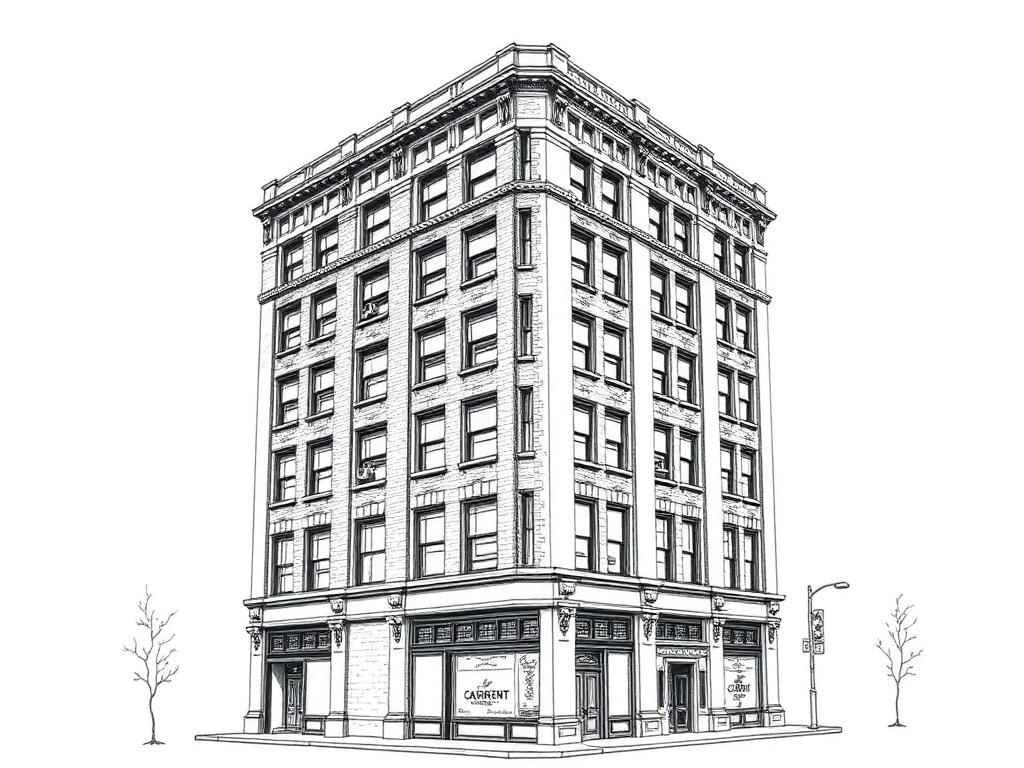Ink sketch of a Garment District setback loft building